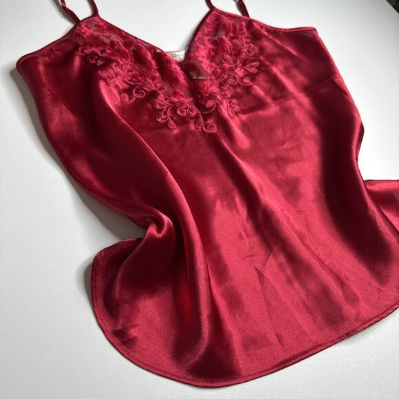 Vintage Private Luxuries Red Satin Slip Dress Nightgown Small Sheer Top Babydoll - Picture 5 of 11